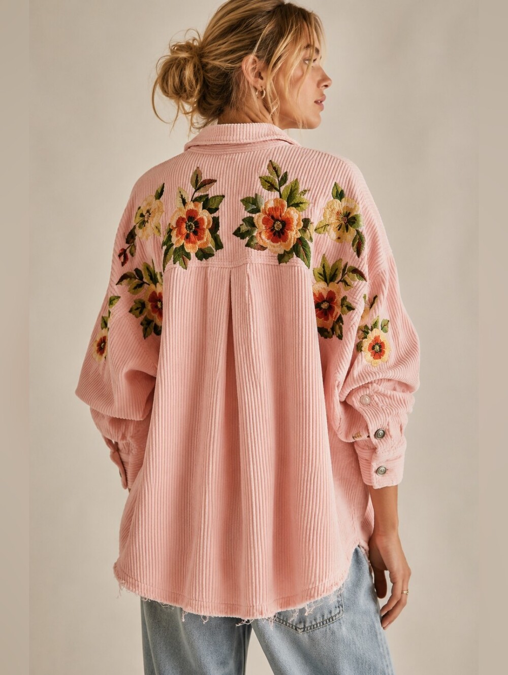 We The Free Dawn Break Floral Corduroy Shacket Pink & Butter Custom Dyed, M - Picture 4 of 14